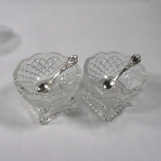 Mid 20th Century Fostoria Salt Cellars With Antique Heart Motif Sterling Silver Salt Spoons - Set of 4 For Sale - Image 10 of 14