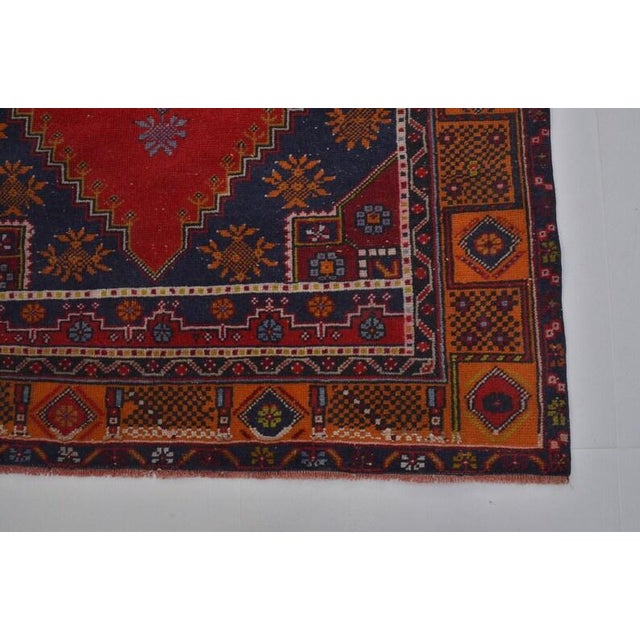 Vintage Anatolian Wool Area Rug, Bold Red Field With Navy Blue Geometric Medallion For Sale - Image 10 of 10