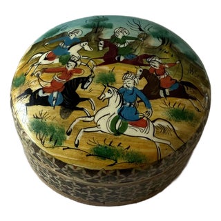 Vintage Persian Hand Painted Wood Trinket Box For Sale