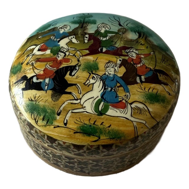 Vintage Persian Hand Painted Wood Trinket Box For Sale