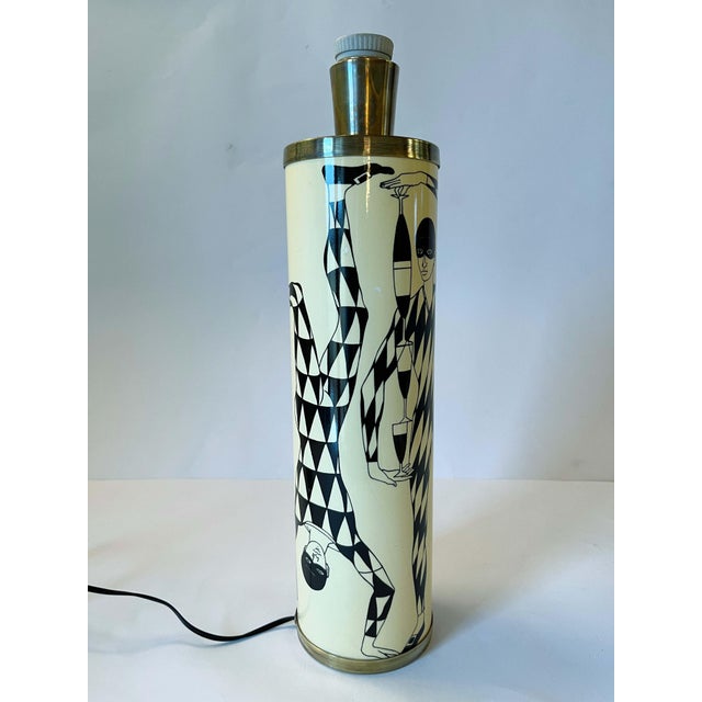 Vintage Italian table lamp with painted metal decorated with harlequins (lithographical and transfer-printed) and brass /...