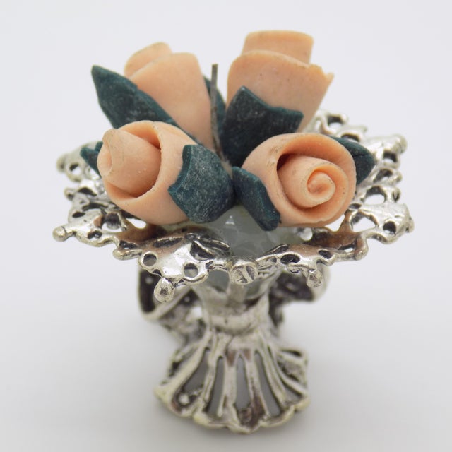 Silver Vintage Italian Handmade Genuine Silver & Salt Dough Flower Bouquet Dollhouse Miniature For Sale - Image 8 of 12