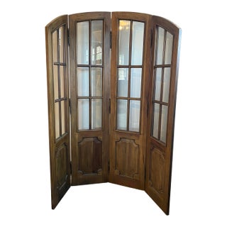 Antique French Four Panel Folding Screen Room Divider With Beveled Glass For Sale