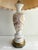 Vintage mid-century Bavarian table lamp Painted gold and pink floral decor on white milk glass base, resting on brass...
