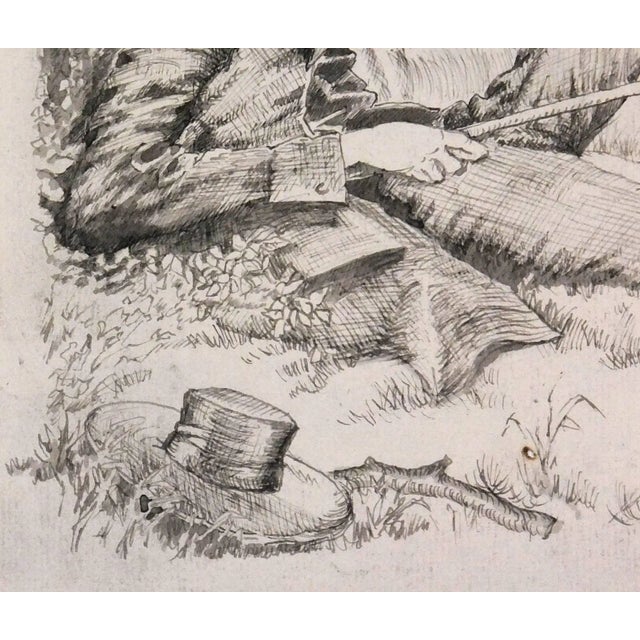 Beautifully detailed pen and ink drawing of man fishing with dog by artist Steiner, circa 1800. Original artwork on paper...