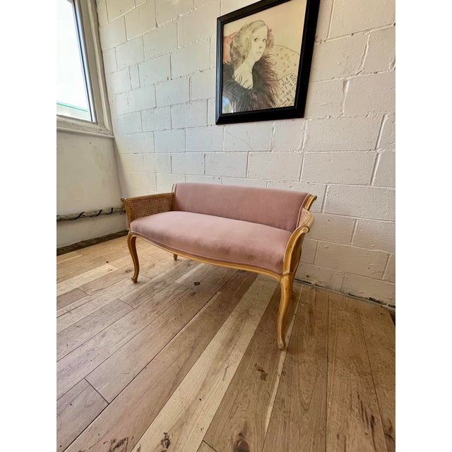 Hollywood Regency Louis XV Style Washed Caned Loveseat Serpentine Frame For Sale - Image 9 of 11