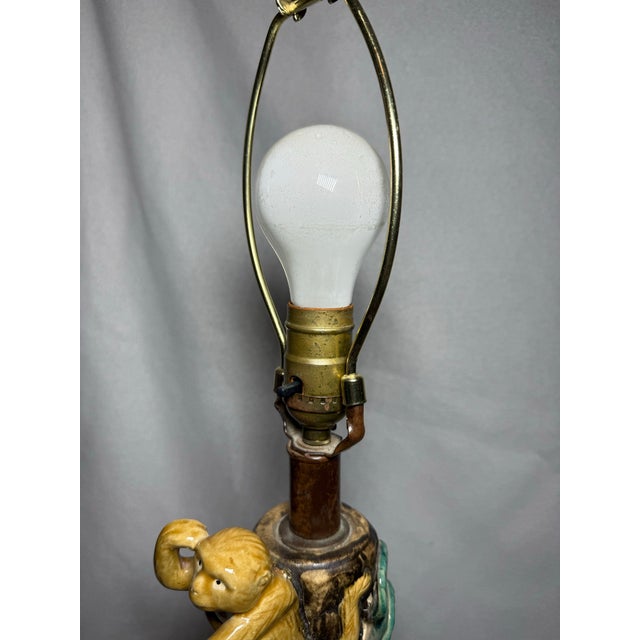 Vintage Boho Majolica Glazed Monkey Table Lamp With Rattan Woven Shade – Unique Artisan Lighting For Sale - Image 11 of 12