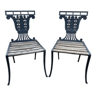 1930s Pair of Neoclassical Lyre Back Cast Iron Lyre Back With Weathered Wood Seats For Sale