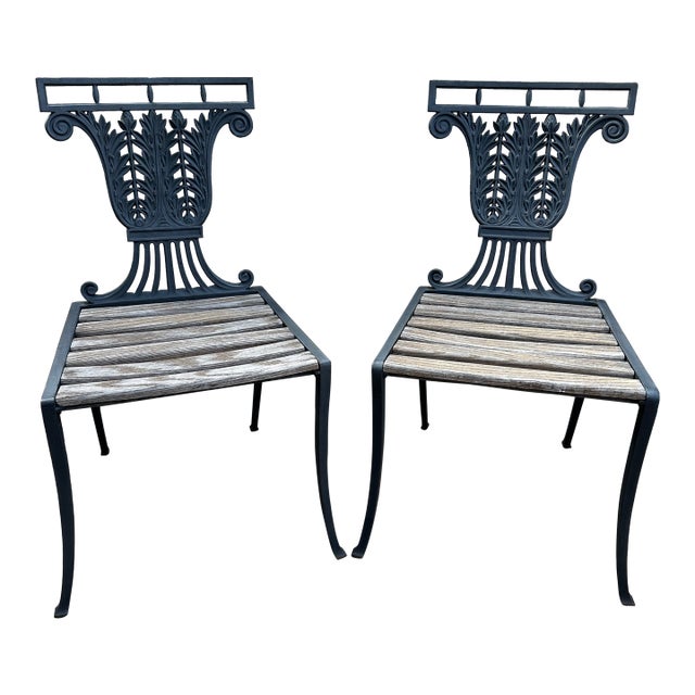 1930s Pair of Neoclassical Lyre Back Cast Iron Lyre Back With Weathered Wood Seats For Sale