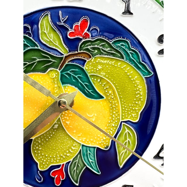 Vintage Italian Majolica Style Lemon Ceramic Wall Clock | Hand Painted Citrus Kitchen Decor - Mediterranean, Cottagecore For Sale In Houston - Image 6 of 11