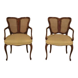 Pair Italian Made Cane Back French Style Arm Chairs For Sale