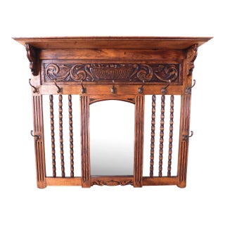 Vintage Mid Century Carved & Turned Oak Wood Mirrored Hat Rack Coat Rack Hanging Wall Shelf For Sale