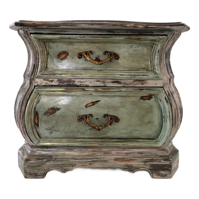 Vintage French Provincial Distressed Green Bombe Chest of Drawers With Marble Top For Sale