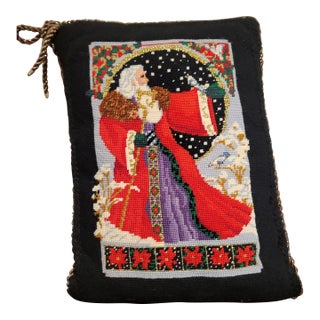 Vintage Old World Needlepoint Santa Christmas Pillow with Braided Trim For Sale