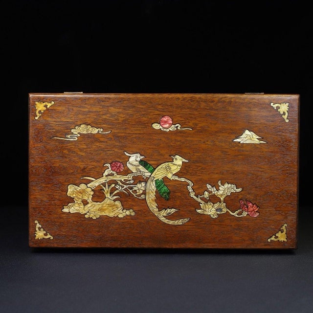 Brown Huali Rosewood Box Inlaid With Mother-of-Pearl Bird & Floral Motif For Sale - Image 8 of 10
