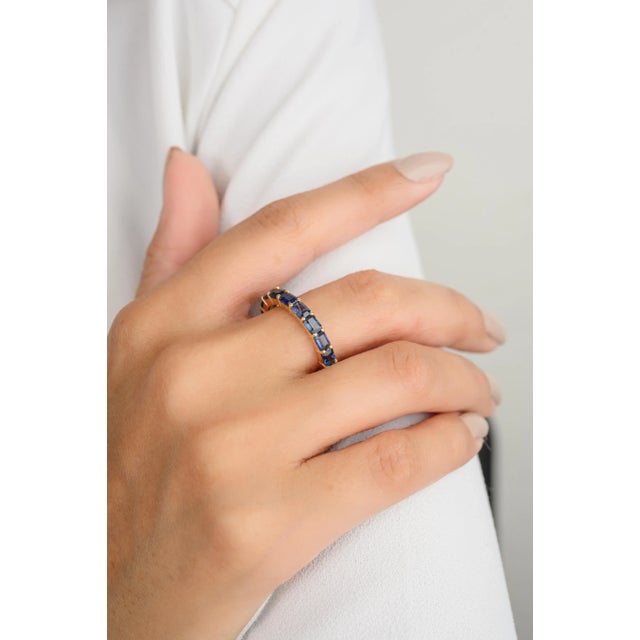 Art Deco Baguette Cut East & West Blue Sapphire Full Eternity Band Size 6 For Sale - Image 3 of 12