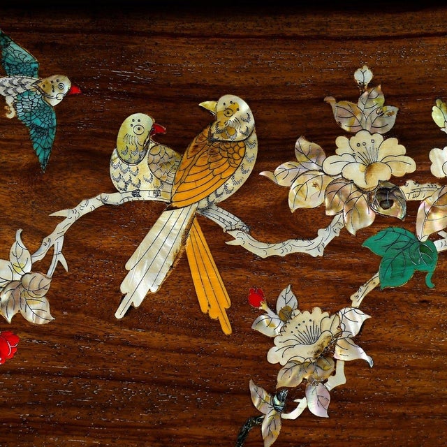 Vintage Huanghuali Wood Tray With Mother-of-Pearl Bird & Flower Inlay For Sale - Image 4 of 9