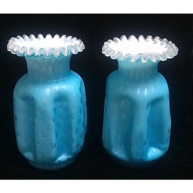 1920s Pair of 1920s Aqua Satin Webb Ruffled Polka Dot Cased Glass Vases For Sale - Image 5 of 9