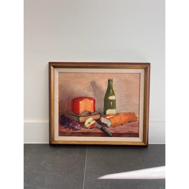 Mid-Century Modern Vintage Mid Century Original Oil Painting of Wine and Cheese Board For Sale - Image 3 of 9