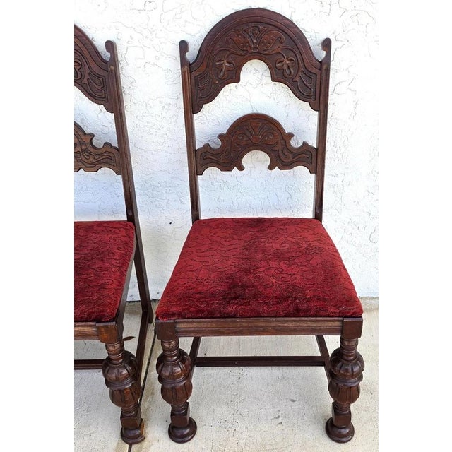 1930s Antique English Oak Tudor Jacobean Dining Chairs 1930's Set of 4 For Sale - Image 5 of 18