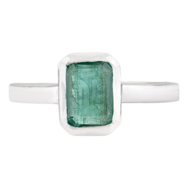 Modern Emerald Cut Natural Emerald Ring, 1.6 CTW in Solid 925 Sterling Silver- Size 7 For Sale
