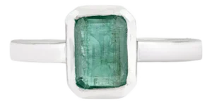 Modern Emerald Cut Natural Emerald Ring, 1.6 CTW in Solid 925 Sterling Silver- Size 7