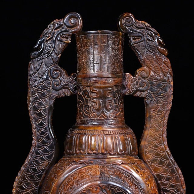1950s Monumental Pair of Carved Horn Vases - Chinese Double Dragon Handled Bottles, 12kg For Sale - Image 4 of 10