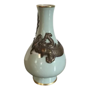 19th Century Chinese Porcelain Celadon Glaze Vase with Molded Dragon Relief