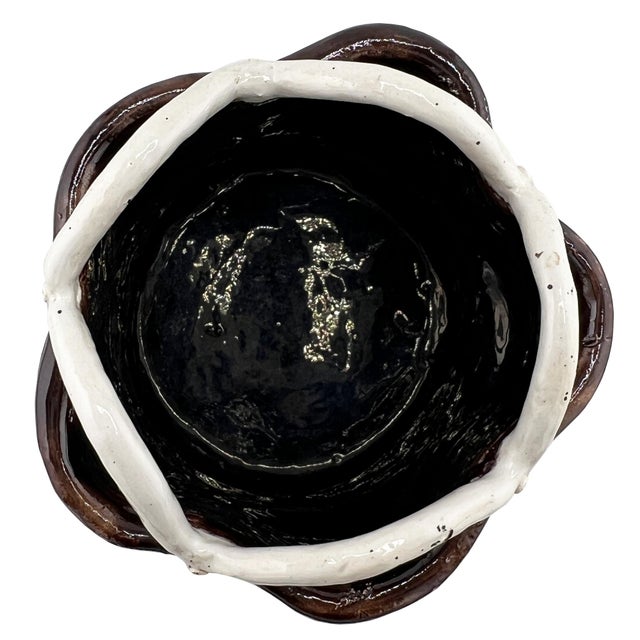 Mid-Century Modern Vintage Studio Pottery Basket Form Bowl in Brown and Cream For Sale - Image 3 of 7