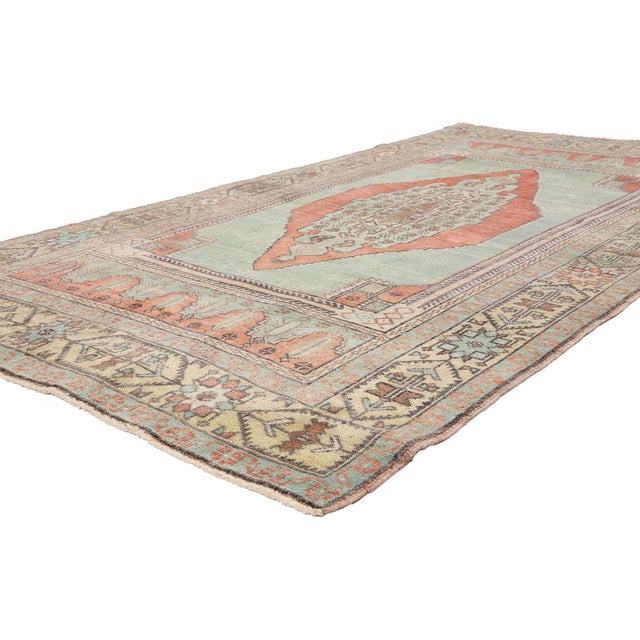 54121 Vintage Turkish Oushak Rug, 04'07 x 08'06. The Verdant Threshold: A Vintage Turkish Oushak Masterpiece of Elegant...