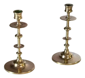 19th Century Minimalist French Brass Candleholders, Set of 2