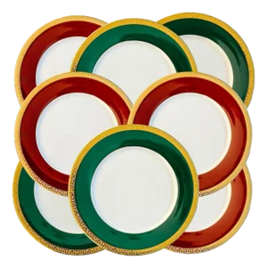 Vintage Royal Gallery Gold Buffet Dinner Plates Red & Green With 24k Gold Filigree - Set of 8