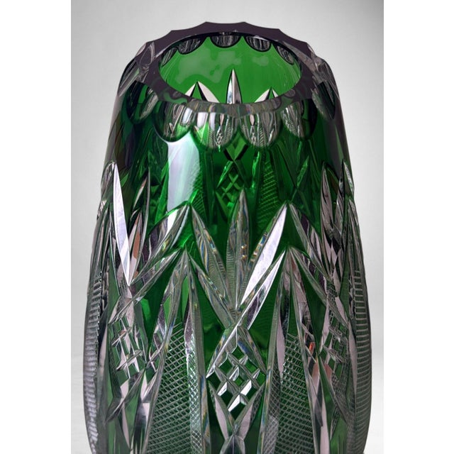 Mid 20th Century Bohemian Biedermeier Style Cut and Polished Green Crystal Vase For Sale - Image 5 of 18