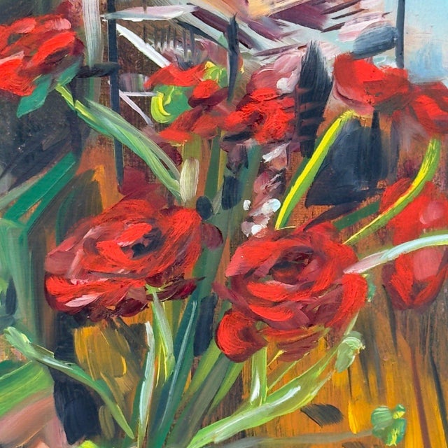 An original oil painting depicting a bouquet of deep crimson roses arranged in a glass vase against a richly layered...