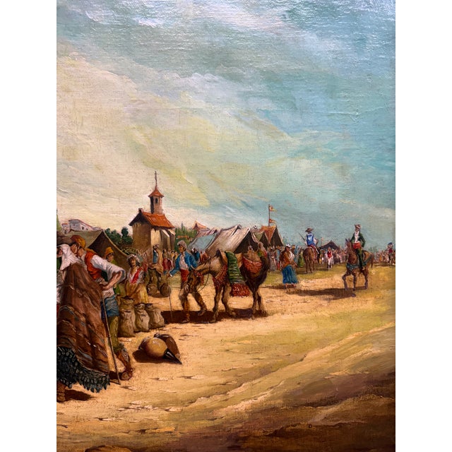 19th Century Continental School: Village Market Scene. Oil on canvas depicting a lively village fair with figures in...