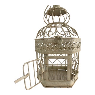 Vintage Wrought Iron Decorative Bird Cage With Hinged Doors – Cream Painted Metal, Small For Sale