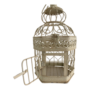 Vintage Wrought Iron Decorative Bird Cage With Hinged Doors – Cream Painted Metal, Small