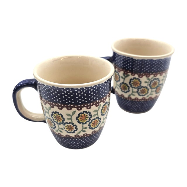 Traditional Polish Boleslawiec Pottery Yellow Blue Flowers Coffee Tea Cup Mug 5" For Sale - Image 3 of 10
