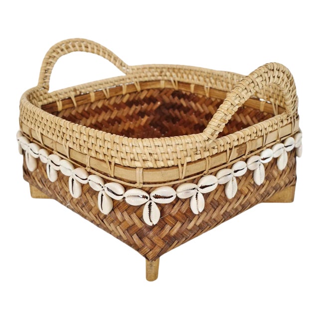 Vintage Coastal Bamboo & Cowry Basket Medium For Sale