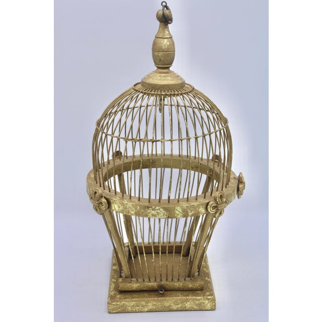 Mid Century Italian Golden Gilt Wood and Metal Wire Bird Cage For Sale - Image 4 of 11