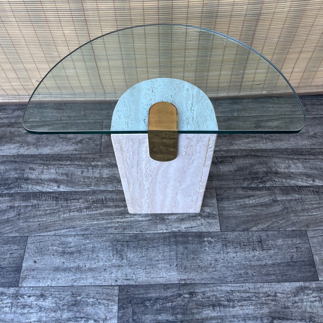 Postmodern Marble and Brass Half-Moon Shaped Side Table in the Artedi Style. Circa 1980s. For Sale - Image 11 of 18