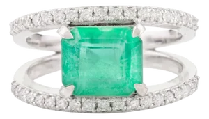 Cushion Cut Emerald & Diamond Double Band Engagement Ring Size 7