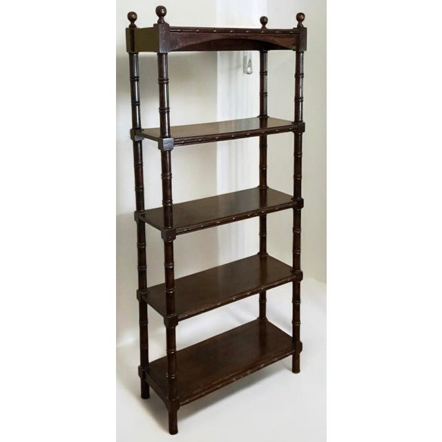 Ethan Allen Mid-Century Regency Style Carved Mahogany Faux Bamboo Etagere / Shelf / Book For Sale - Image 4 of 6