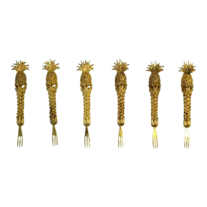 Gold Plated Appetizer Canapé Hor D'oeuvres Forks with Pineapple Design, 1960s - Set of 6