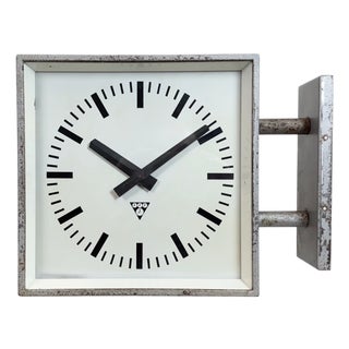 Industrial Square Double Sided Factory Wall Clock from Pragotron, 1970s For Sale