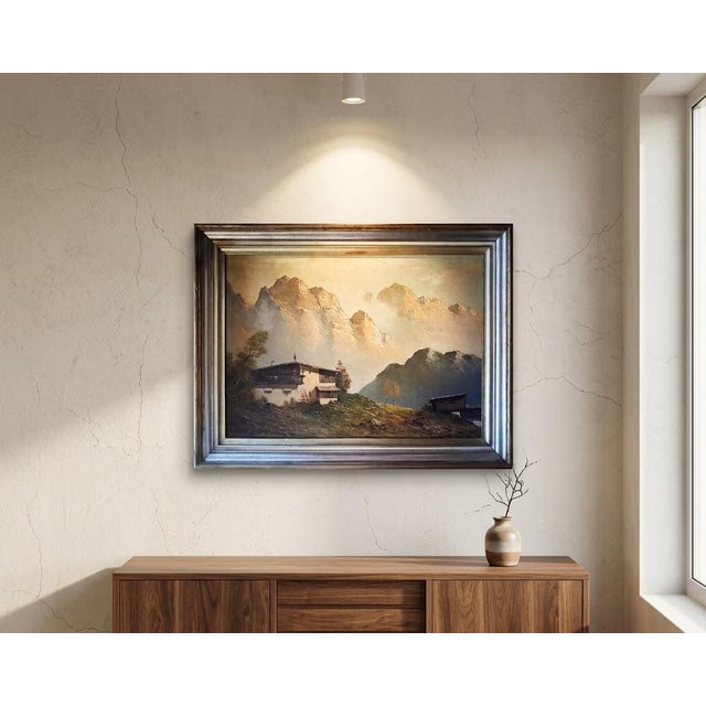 Silver Gustav Weiss Swiss Alpine Village Misty Mountain Peaks Oil Painting For Sale - Image 8 of 8