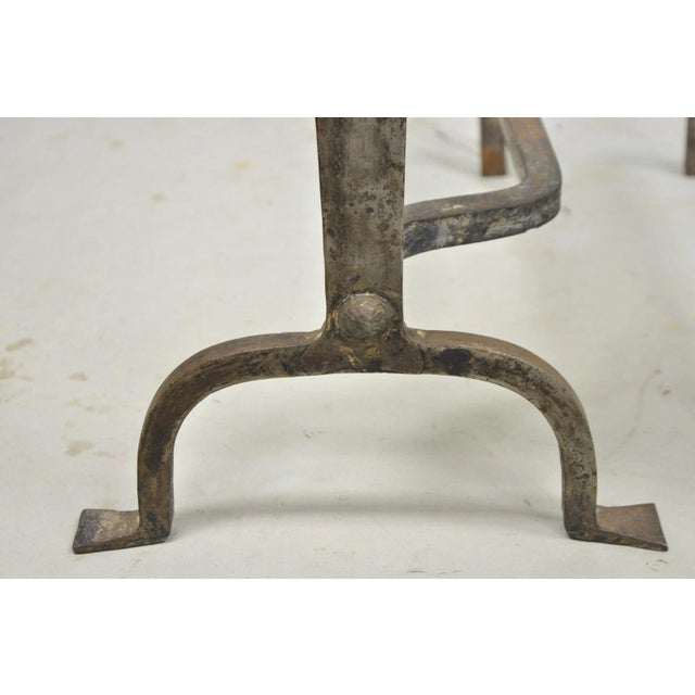 Early 20th Century Antique French Art Nouveau Hand Hammered Wrought Iron & Bronze Andirons - A Pair For Sale - Image 5 of 15