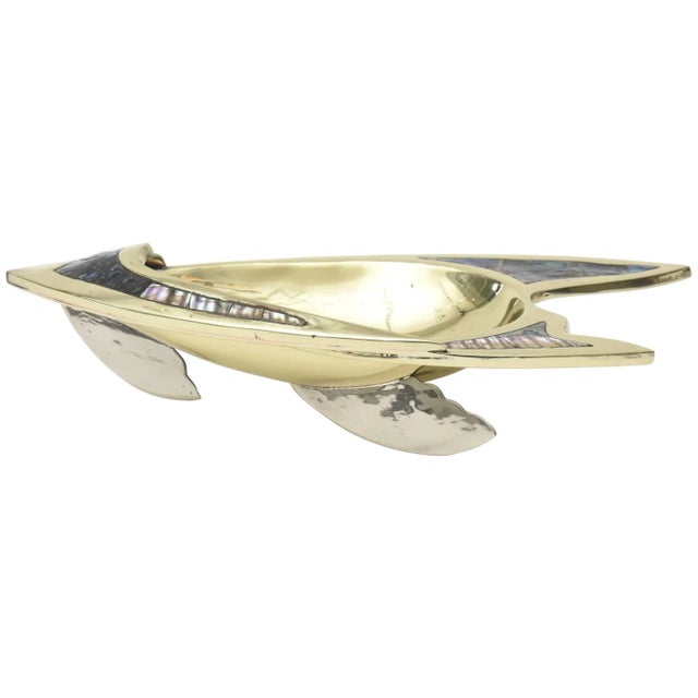 Metal Restored Vintage Abalone, Brass and Silver Plate Sculptural Fish Bowl MCM For Sale - Image 7 of 11