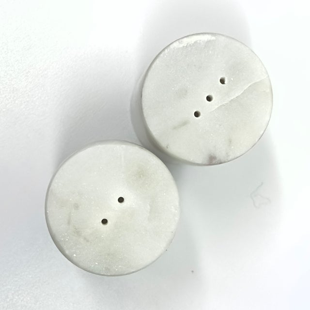 Early 21st Century Cylindrical Honed Carrara Marble Salt & Pepper Shakers For Sale - Image 5 of 7