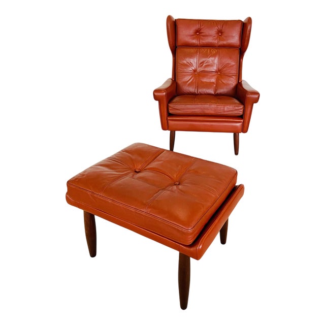 Set of Vintage Danish Lounge Chair and Ottoman in Cognac Leather by Svend Skipper For Sale